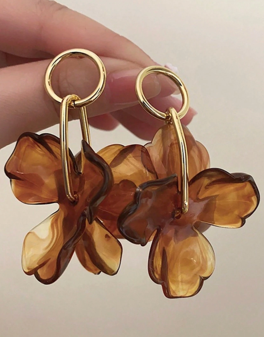 Acrylic BrownPetal Earrings Brown and gold