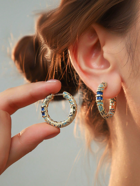 Vintage Style Blue Zirconia Hoop Earrings Gold and Blue