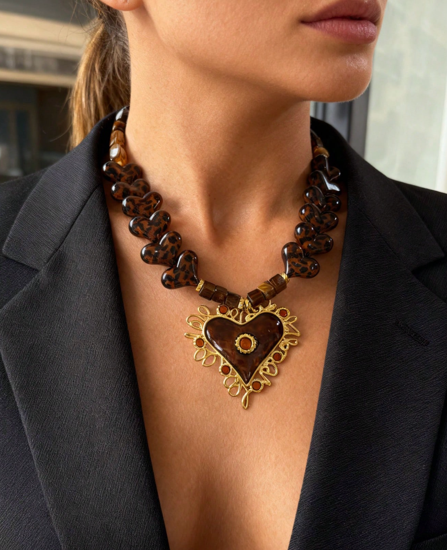 Leopard Necklace With Stainless Steel Heart Pendant Leopard Gold